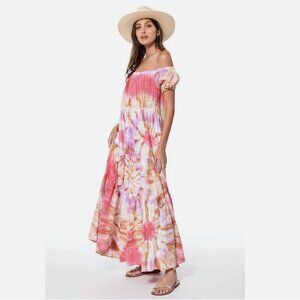 YOUNG FABULOUS & BROKE Tie-Dye Smocked Maxi Bohemian Boho Puffed sleeves Pink XS